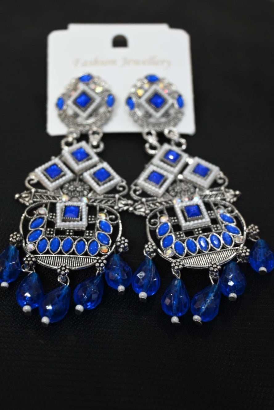 Traditional Oxidized Silver & Blue Stone Dangler Earrings