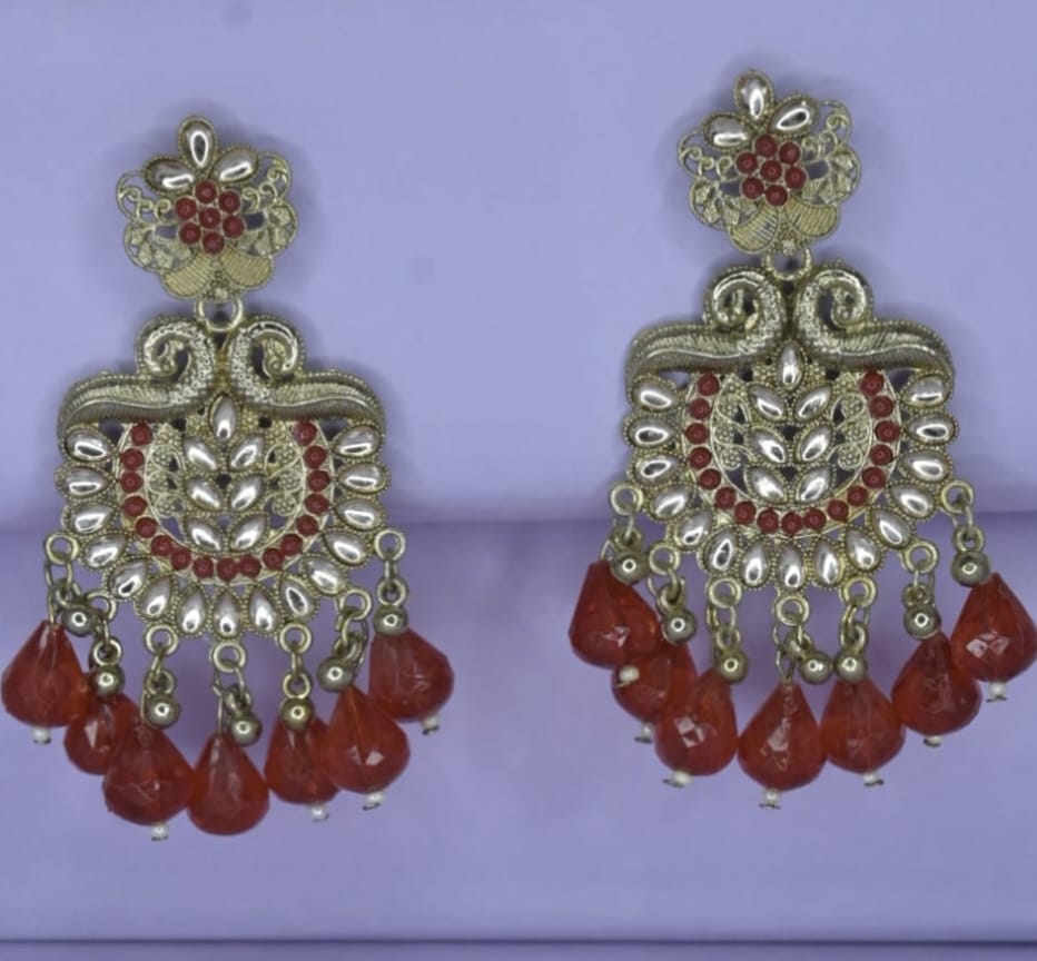 LUNAA Traditional Kundan & Beaded RED Drop Chandbali Earrings