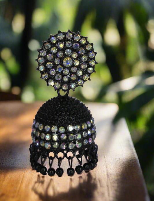 Lunaa Luxe Black Crystal Jhumka Earrings