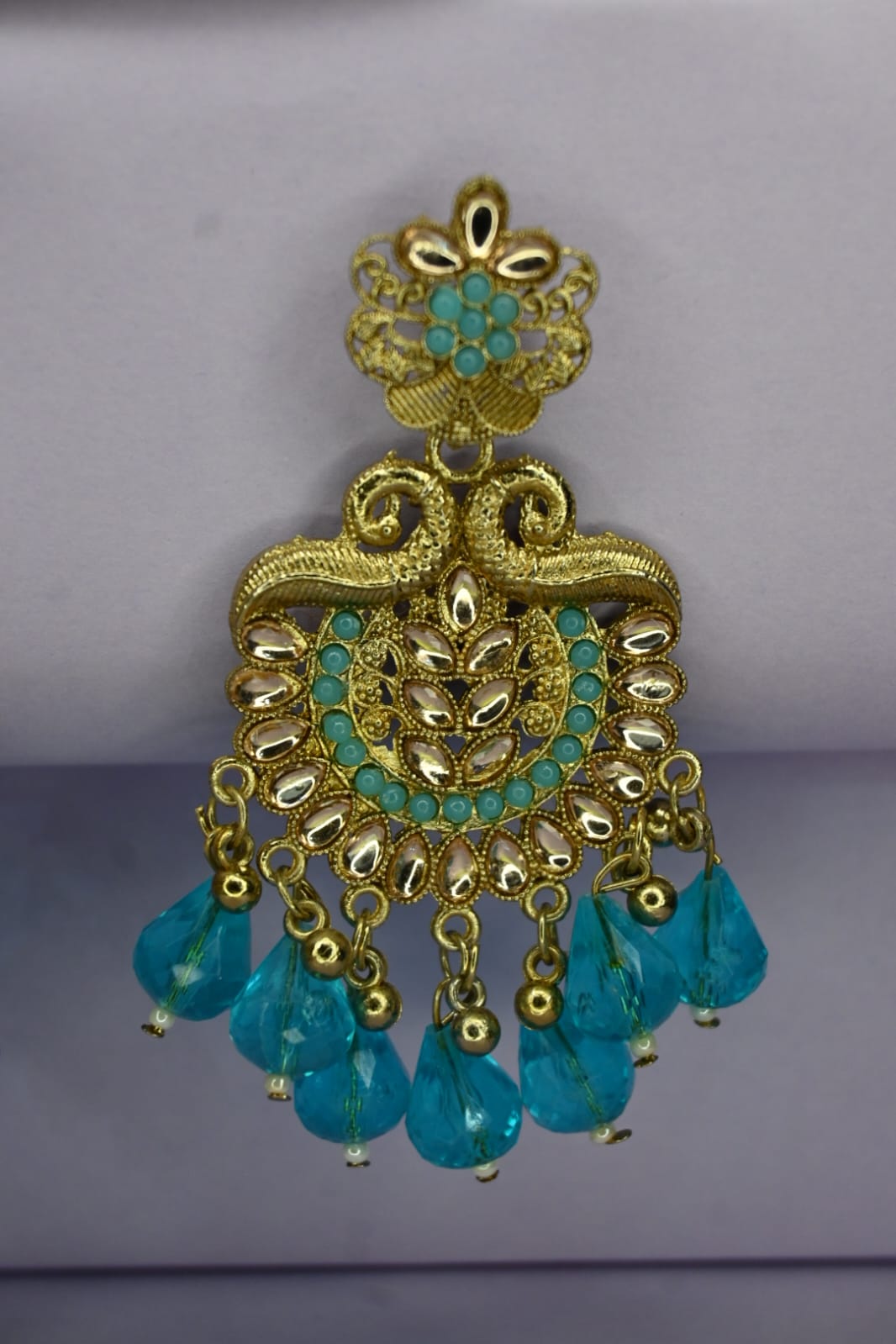 LUNAA Traditional Kundan & Beaded Blue Drop Chandbali Earrings