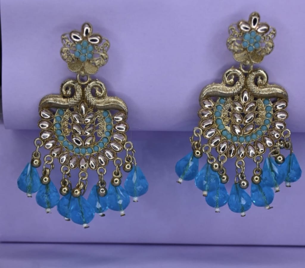 LUNAA Traditional Kundan & Beaded Blue Drop Chandbali Earrings