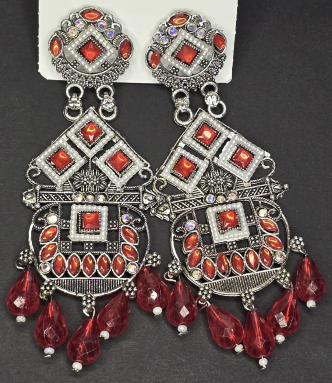 LUNAA Oxidised Silver Tribal Earrings with Red Beads