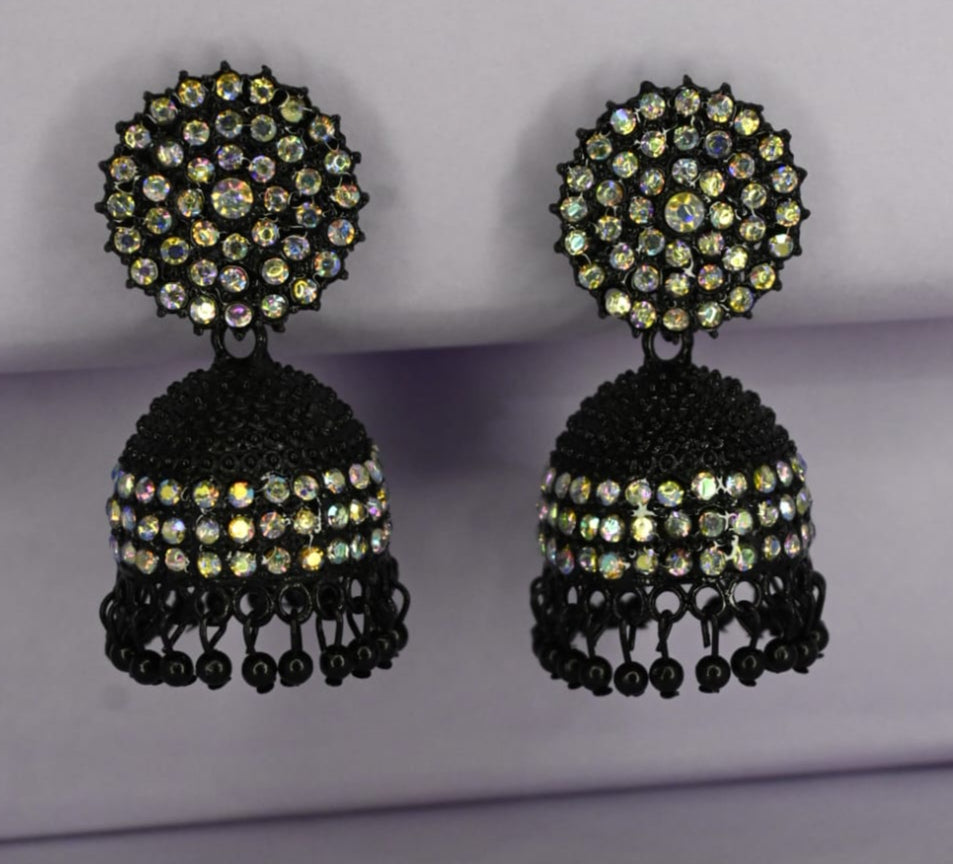 Lunaa Luxe Black Crystal Jhumka Earrings