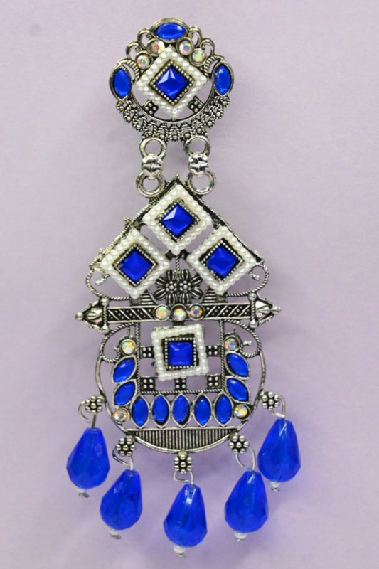 Traditional Oxidized Silver & Blue Stone Dangler Earrings