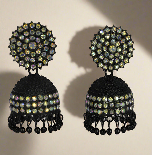 Lunaa Luxe Black Crystal Jhumka Earrings