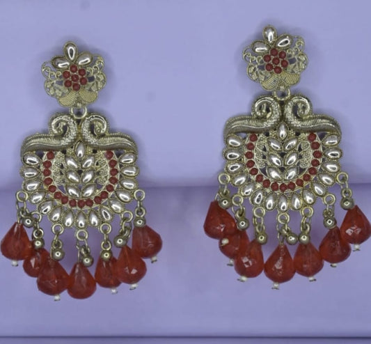 LUNAA Traditional Kundan & Beaded RED Drop Chandbali Earrings