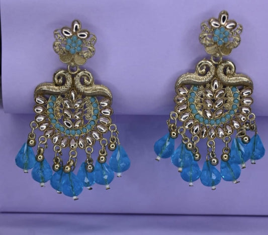 LUNAA Traditional Kundan & Beaded Blue Drop Chandbali Earrings
