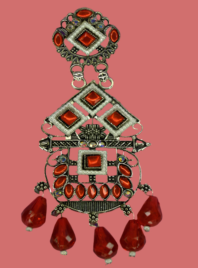 LUNAA Oxidised Silver Tribal Earrings with Red Beads