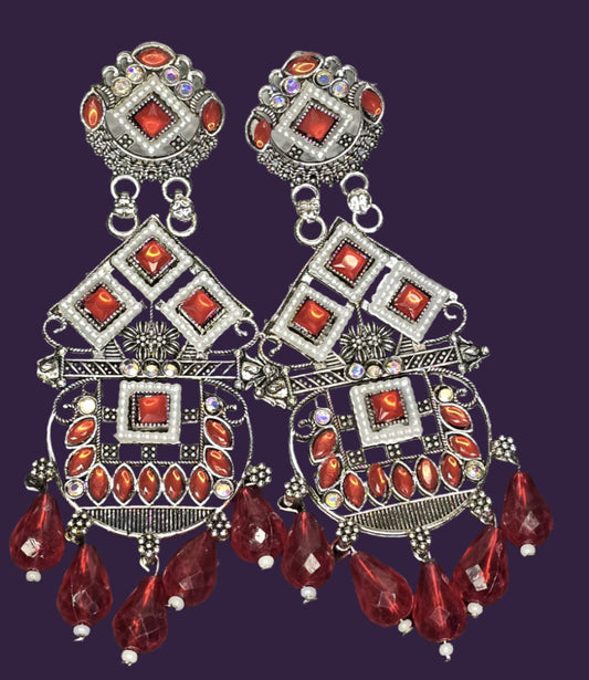 LUNAA Oxidised Silver Tribal Earrings with Red Beads